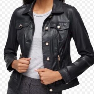 WHBM Black Faux Leather Moto Jacket Button Front Size XL
